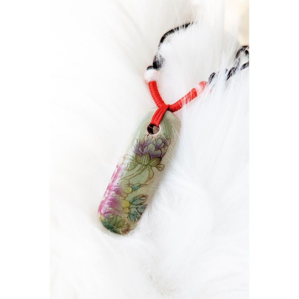 Handmade Ceramic Floral Painting Crackled Pendant Necklace - Rectangle